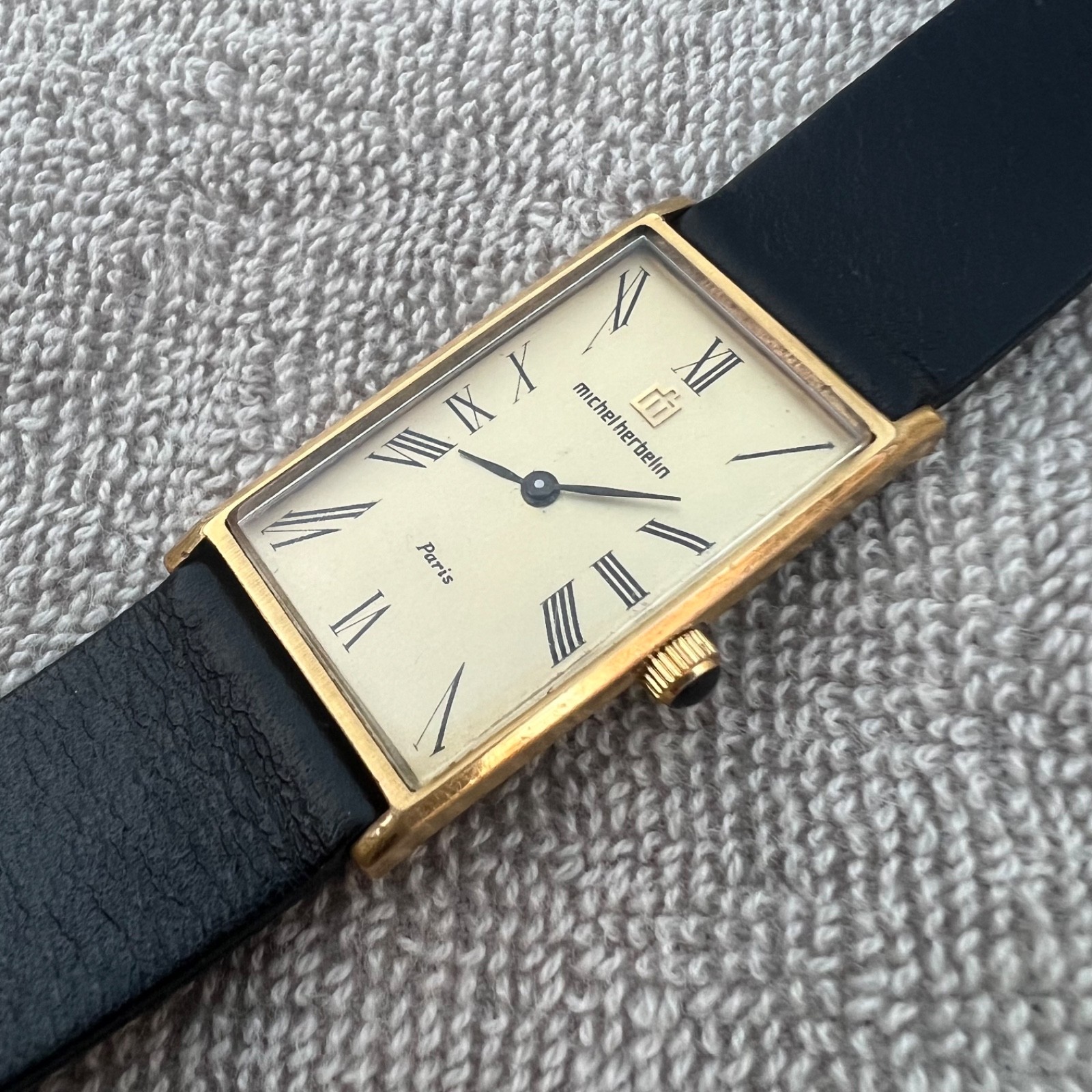 Vintage Michel Herbelin 2657 Paris Tank Watch Gold Plated Roman Dial Men Women
