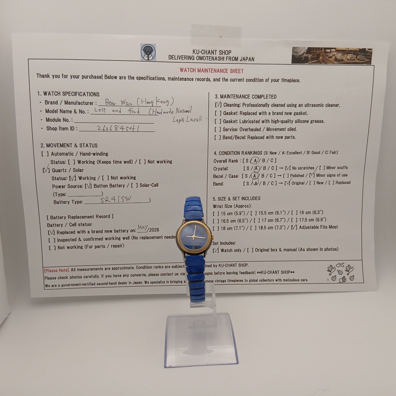 Bear Wan Handmade Quartz Watch Natural Lapis Lazuli Stone Dial Blue Leather