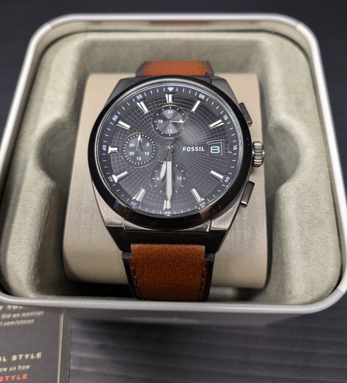 Fossil FS5799 Everett Chronograph Black Dial Brown Leather Watch Box Tag