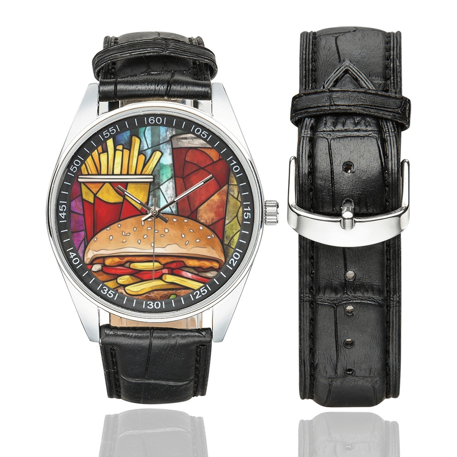 Stained Glass Fast Food Watch with Black Leather Band For Adult