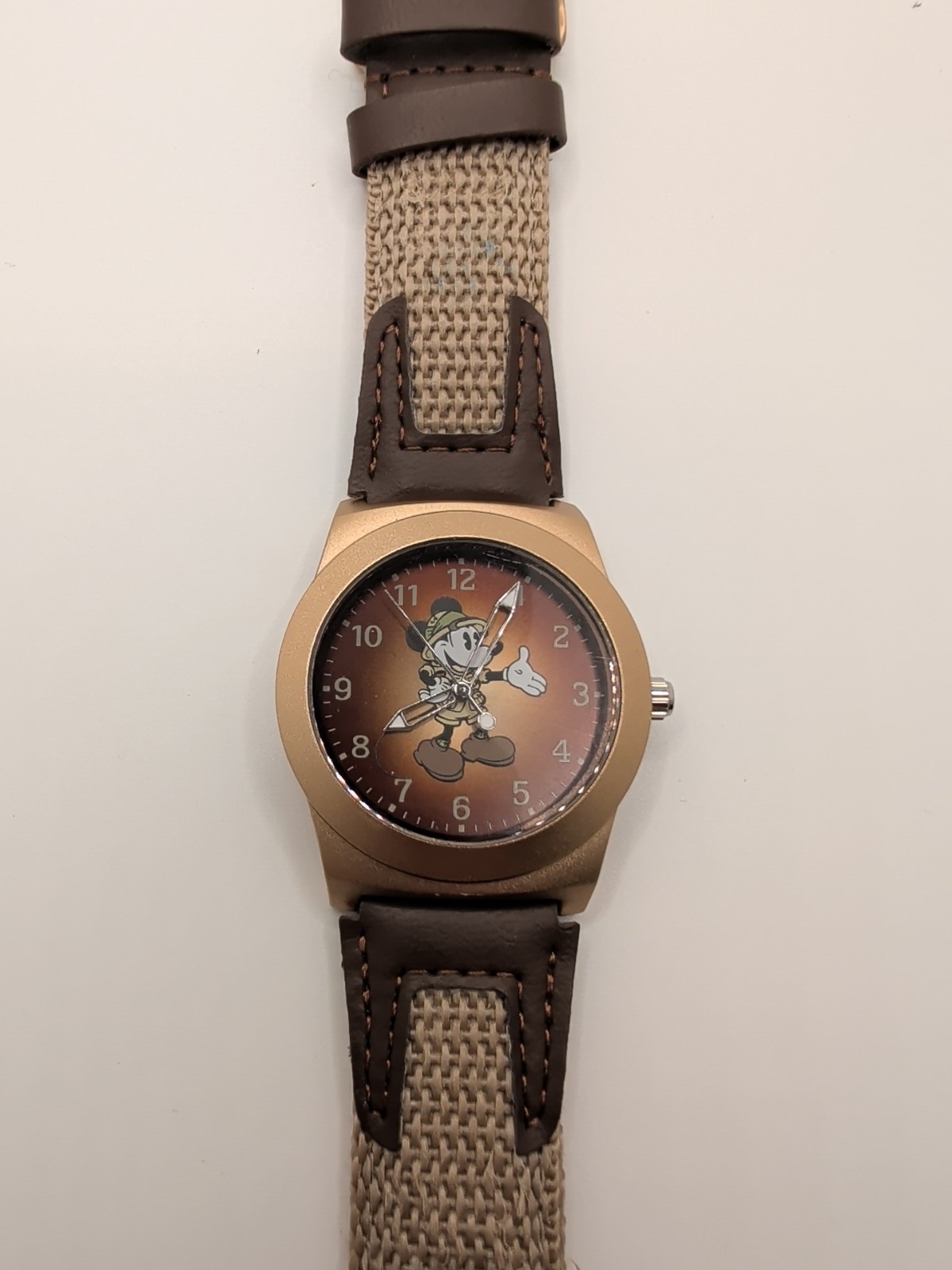 Disney Watch Brown Dial Beige Canvas Strap Mickey Mouse Disney Parks Men Quartz