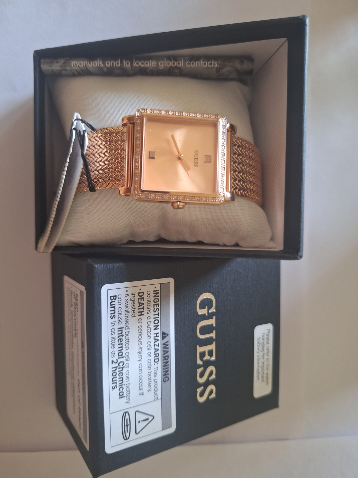 GUESS Women’s Square Rose Gold-Tone Gem Bezel Quartz Analog Bracelet w/ Box