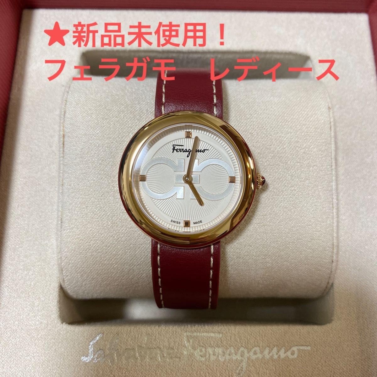 Brand Ferragamo women’s watch pink gold color wine red leather belt Gancini