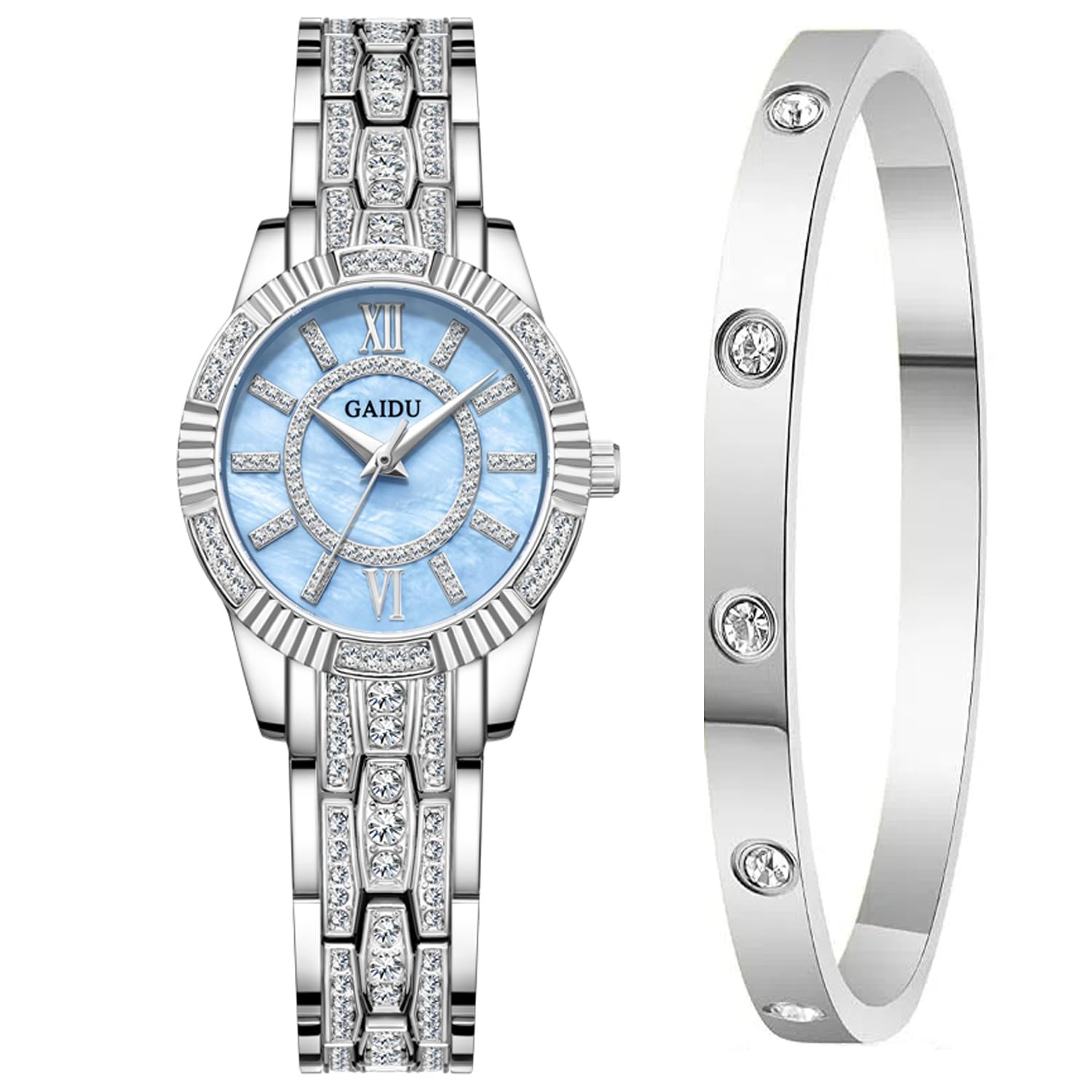 Women’s Genuine Diamond Dial Bangle Watch Silver Blue Style1