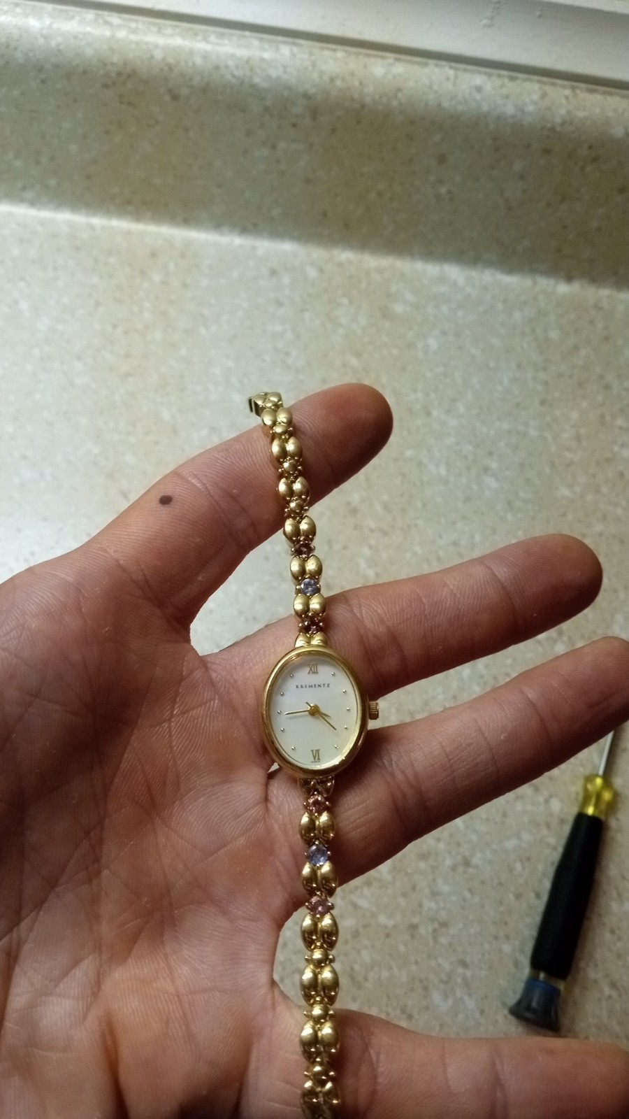 Vintage Krementz Women’s Oval Dress Watch With Pink & Purple Gemstones