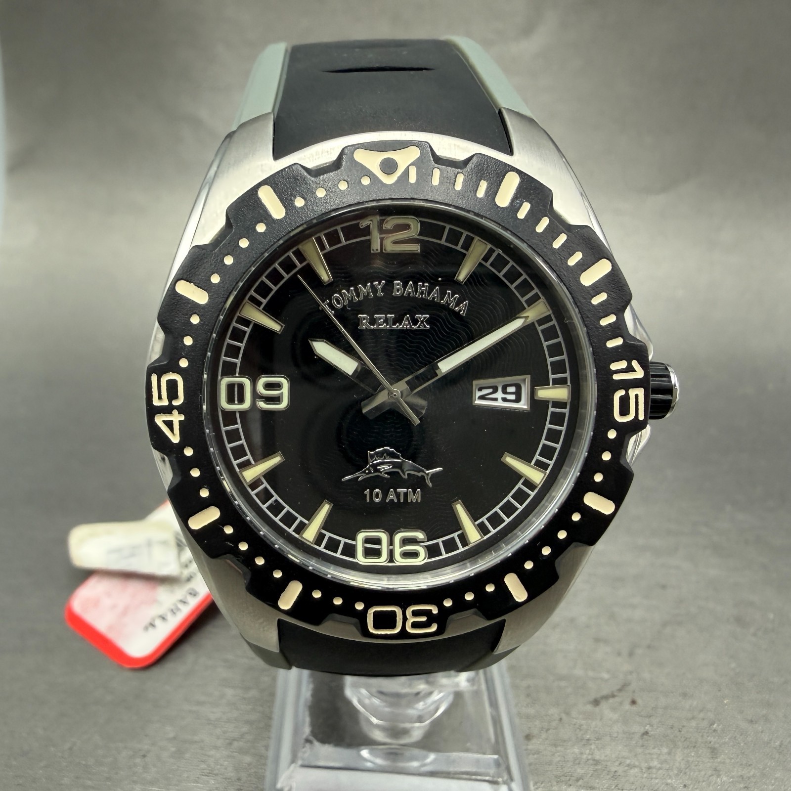 Tommy Bahama Dive Watch Men 44mm Black Dial Steel Date Round TBRLX1002 New Batt