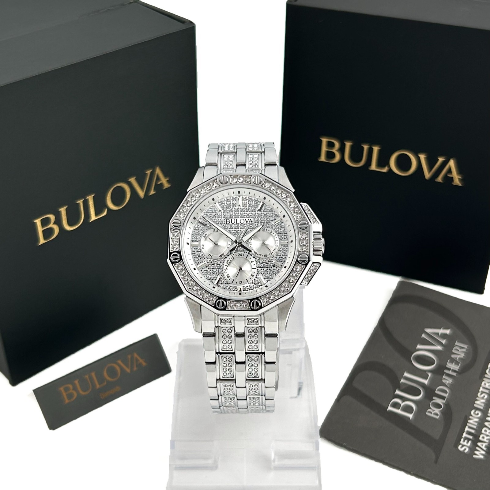 Bulova Octova Crystal 96C134 Mens Quartz Silver Stainless Steel Gemmed Dial 41mm
