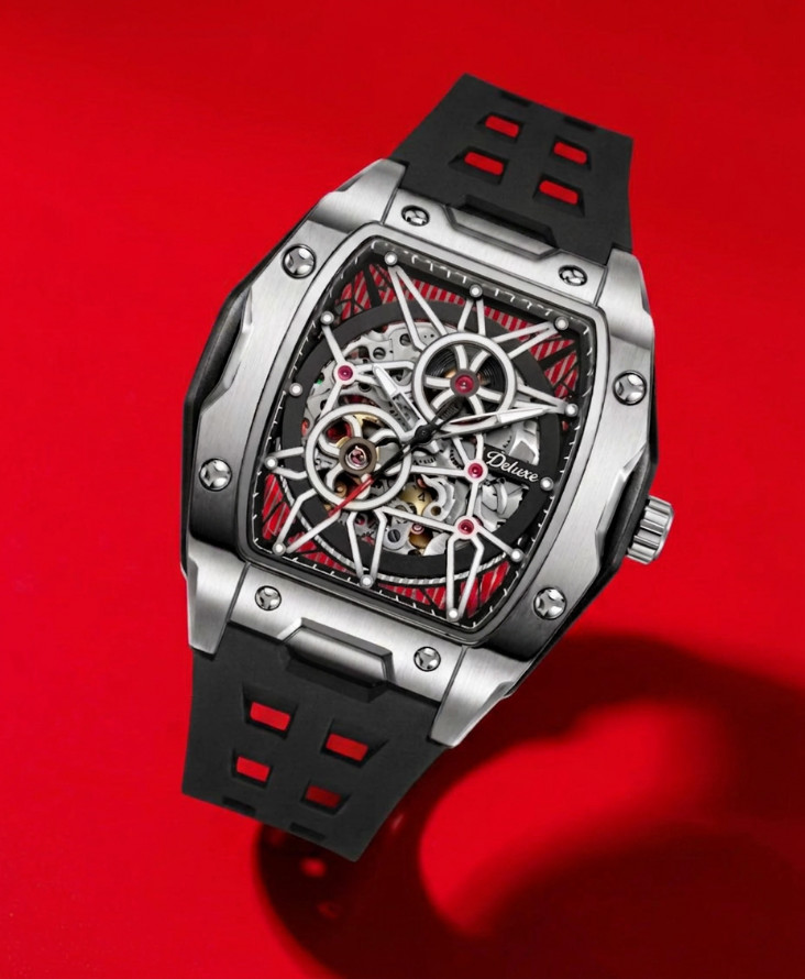 Men’s Watches Automatic Mechanical Wristwatch Tonneau Hollow Design Silver Black