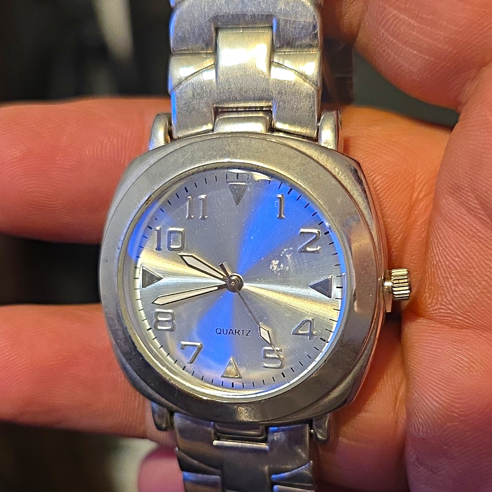 Quartz Analog Cushion Case Blue Dial Arabic Numerals Silver Steel Bracelet