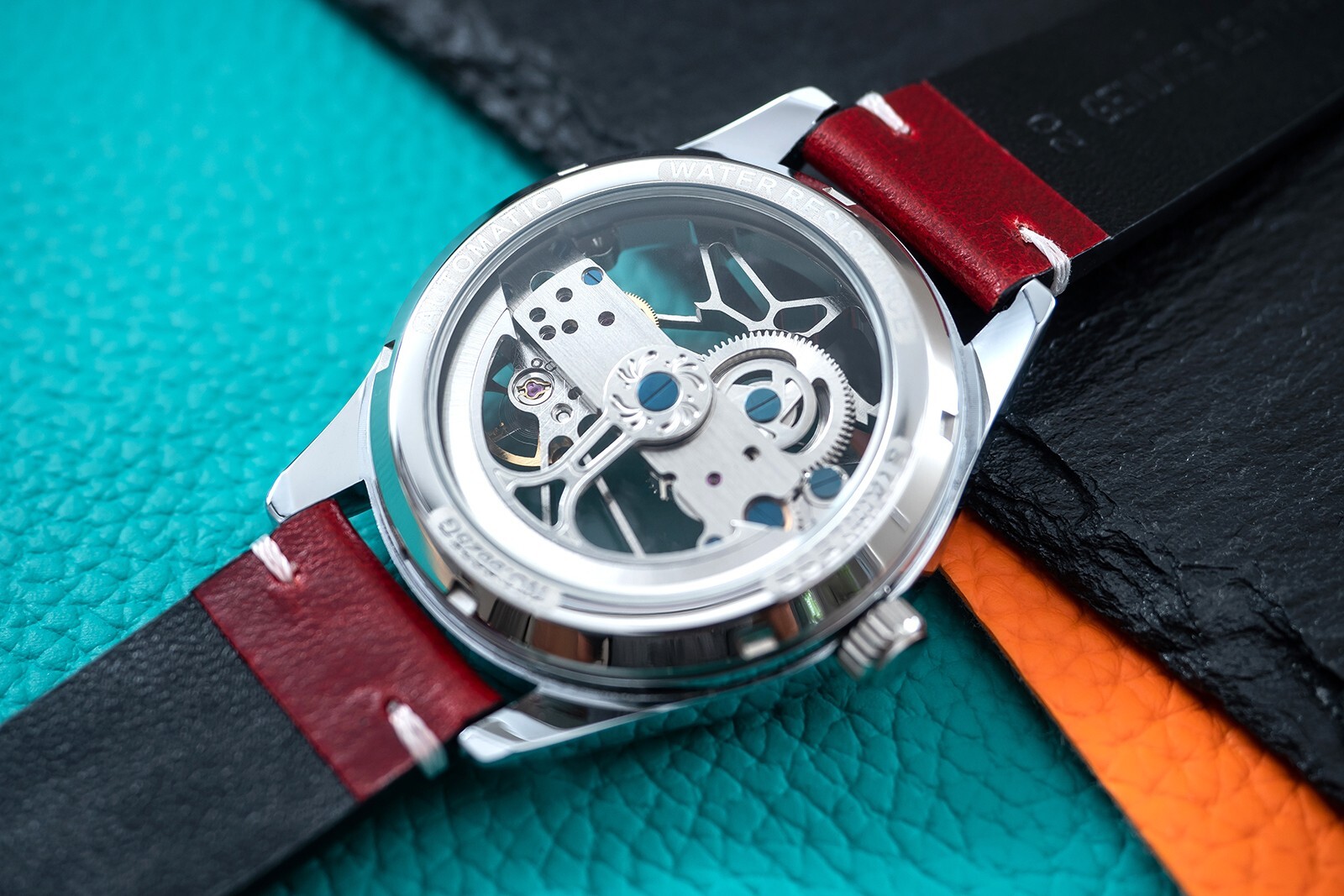 Mens Automatic Mechanical Watch Silver Red Oil Waxed Vintage Style Leather