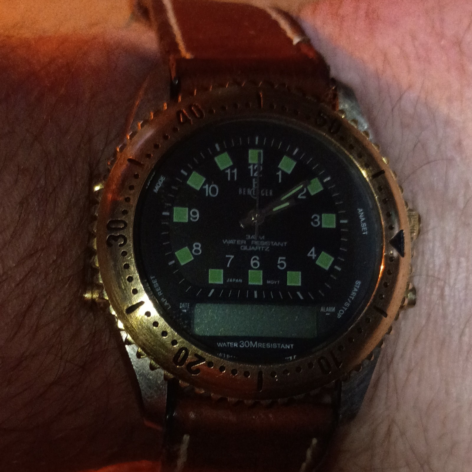 Bergger Quartz Ana-Digi Watch Silver Case Black/Green Dial Brown Leather 30M VTG