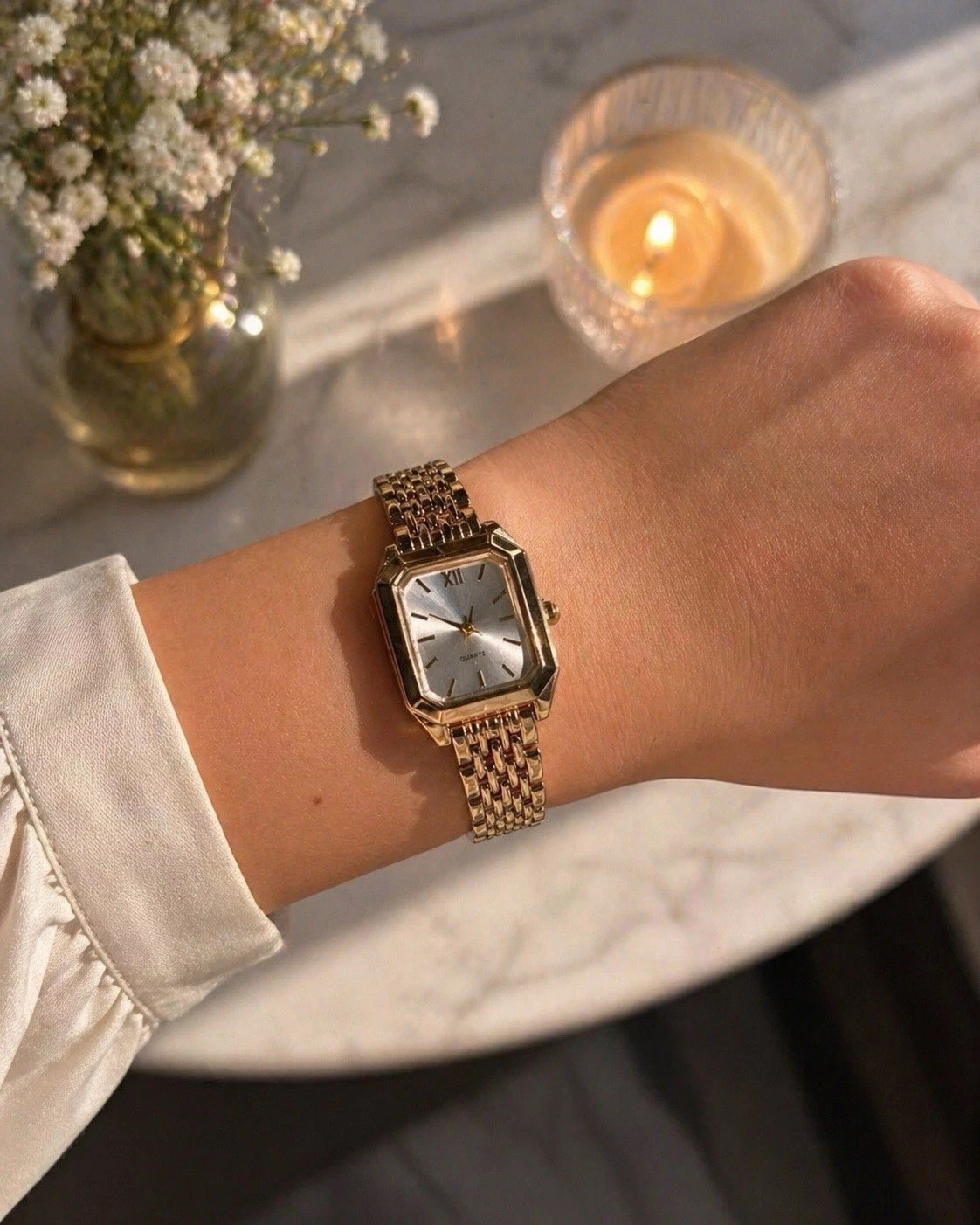 ANONIMO Gold Rectangular Quartz Analog Dress Wristwatch Silver Dial Bracelet