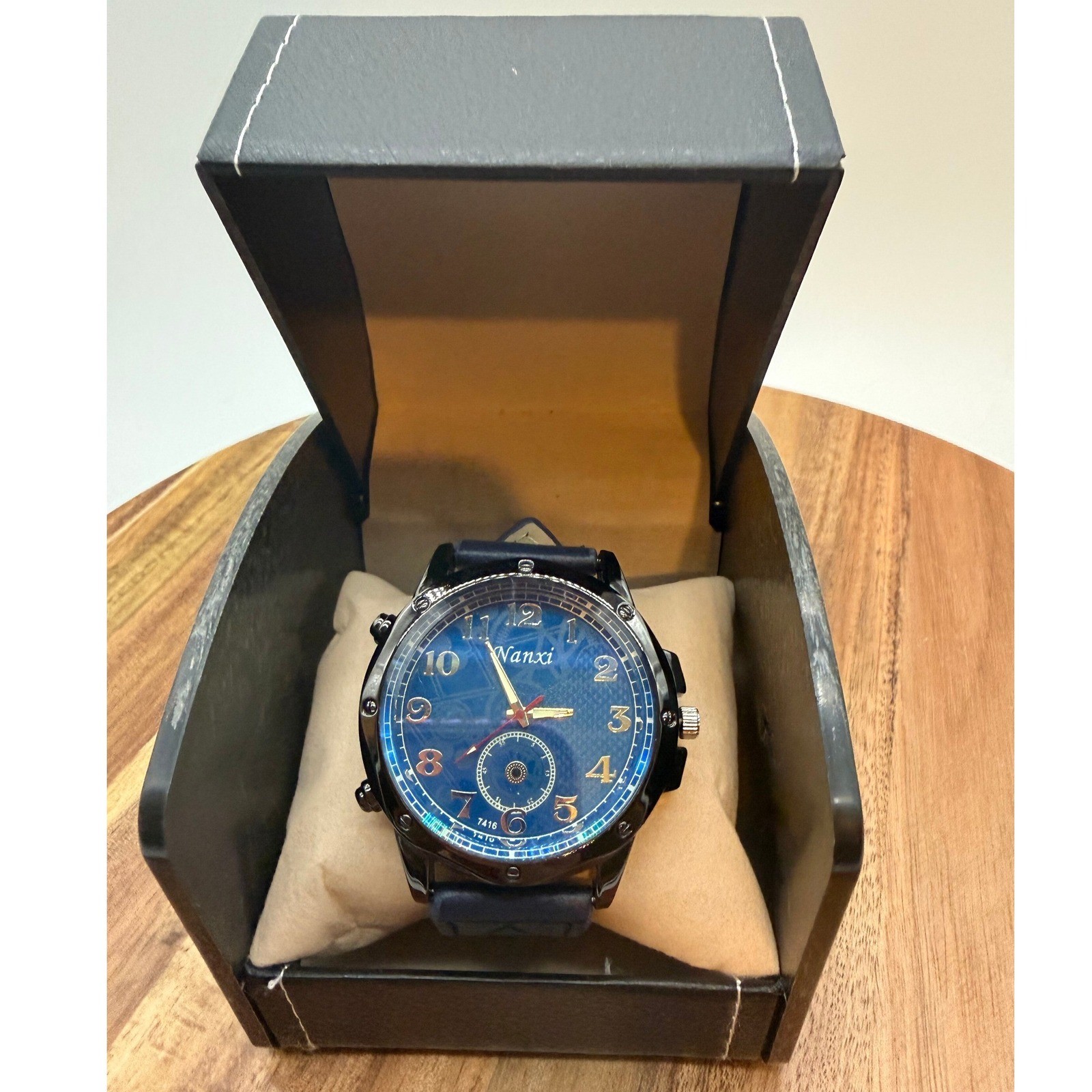 Nanxi 7416 Mens Watch Blue Dial Black Case Navy Embossed Strap 0457