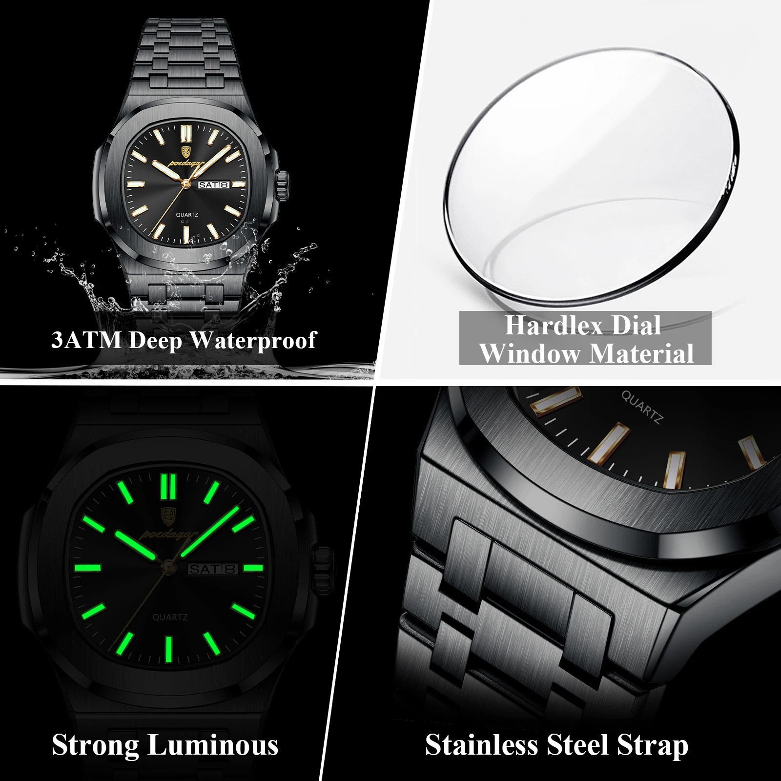 POEDAGAR Women’s Square Quartz Wristwatch Stainless Steel Luminous Week Date