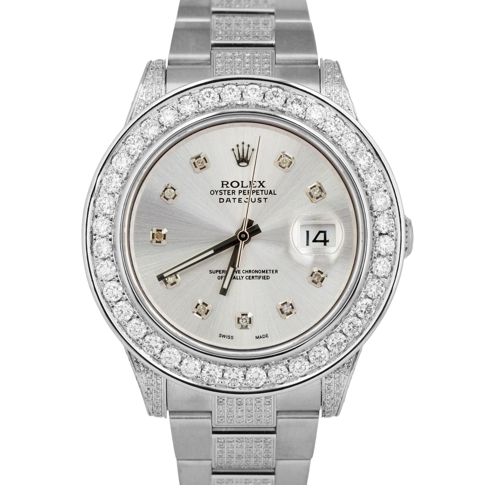 MINT Rolex DateJust II 41mm SILVER PAVE DIAMOND Stainless Steel Oyster 116300