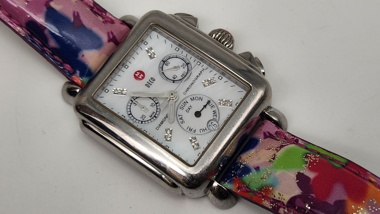 Michele Deco Diamond Watch MW06P00A0046 MOP Dial Swiss Chronograph – New Battery