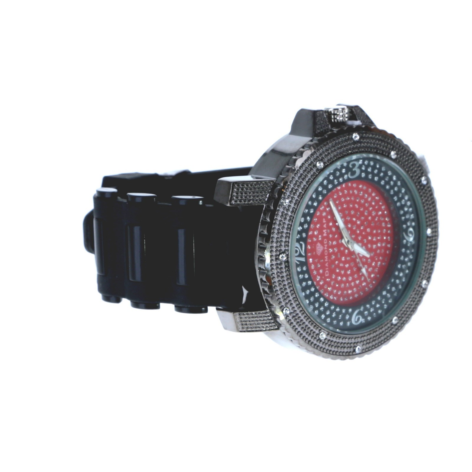 Hip Hop Men’s Ice Crystal Bezel Diamond Dust Dial Black Silicone Band Watch 56mm