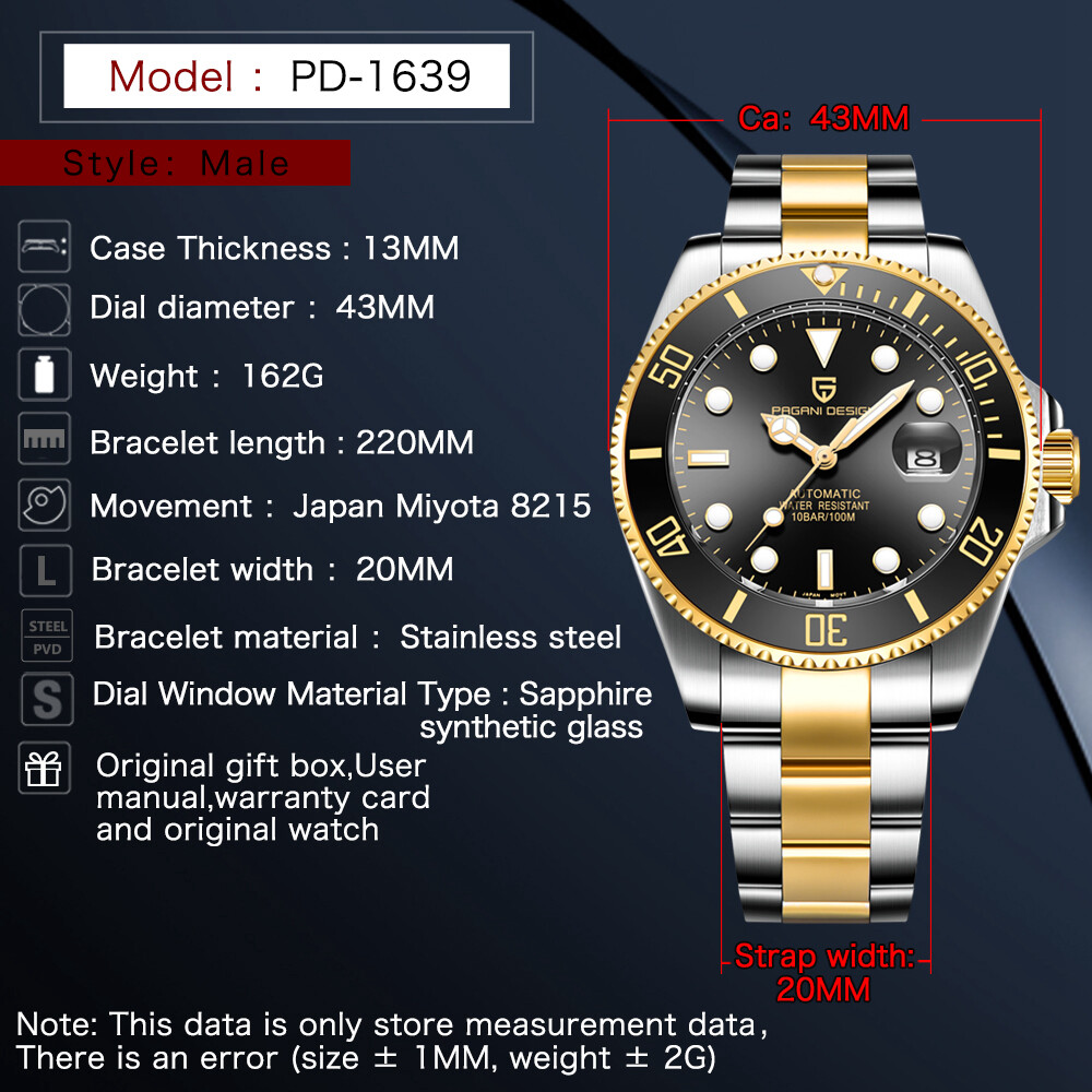 Men’s Pagani Design 43mm Automatic Mechanical Stainless Steel Watch Silver/Gold