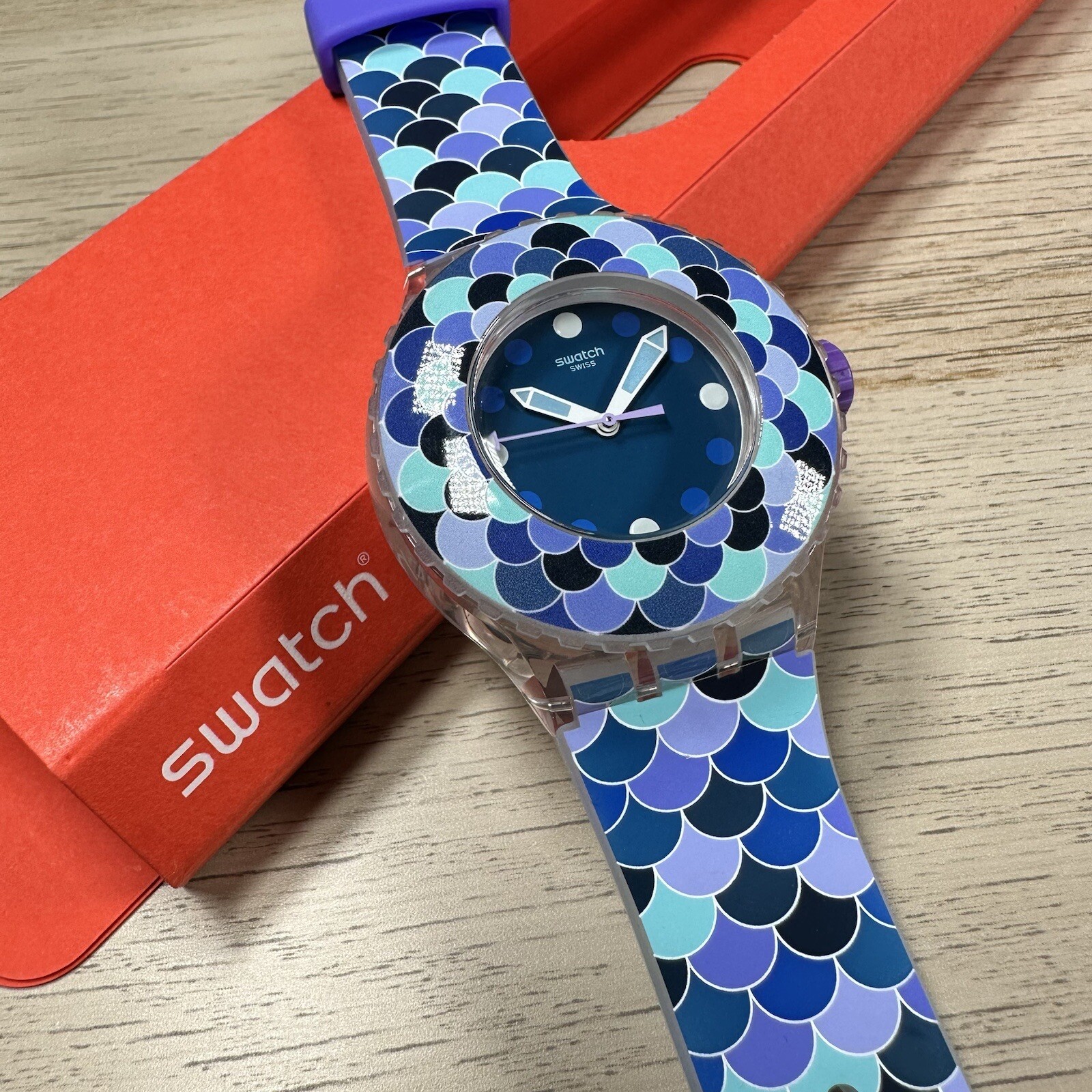 NEW✅ Swatch Watch Scuba PEDRINHA AZUL SUUK110 Skeleton Blue And Purple Watch