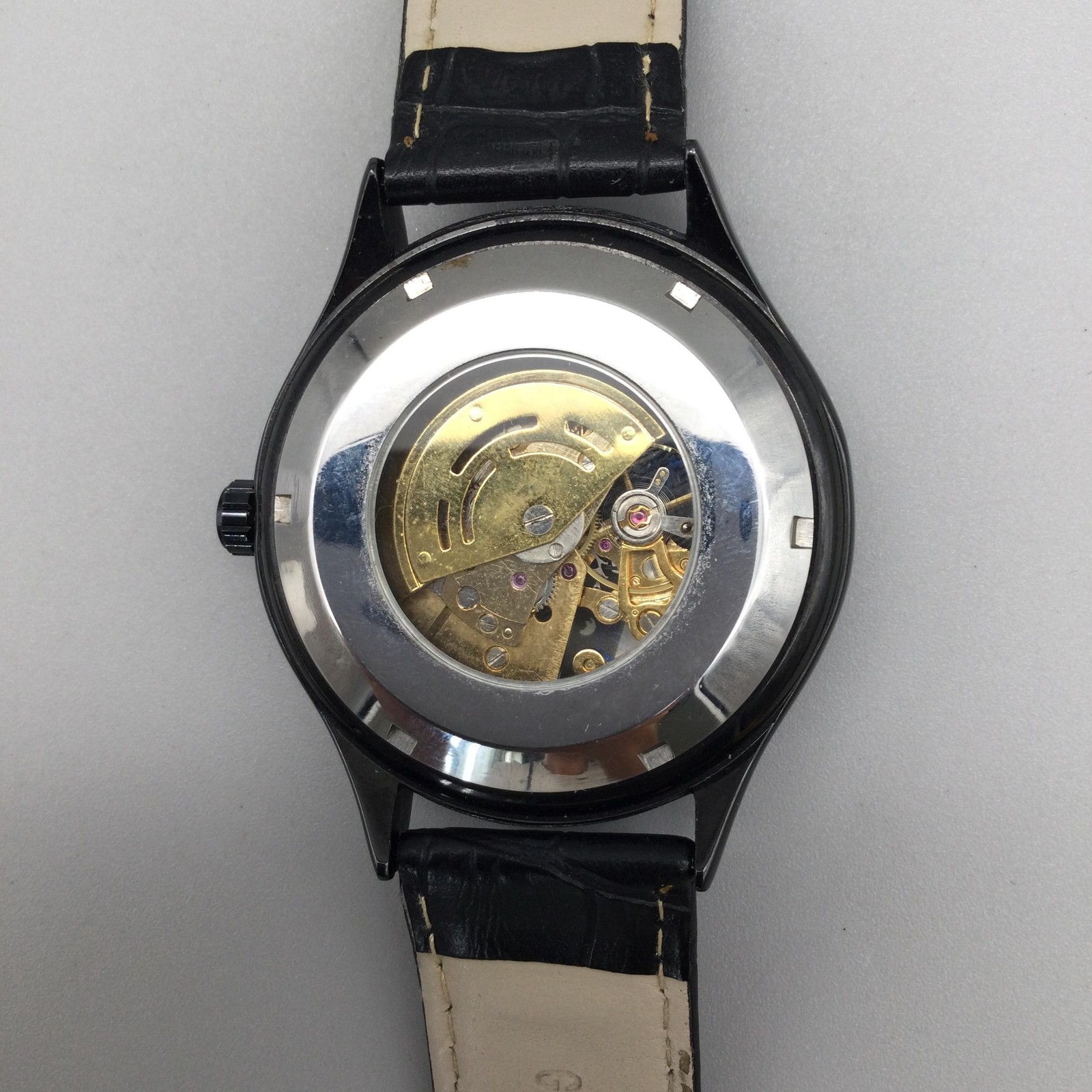 Sewor Mens Watch 45mm Gold Tone Skeleton Dial Roman Black Leather Automatic