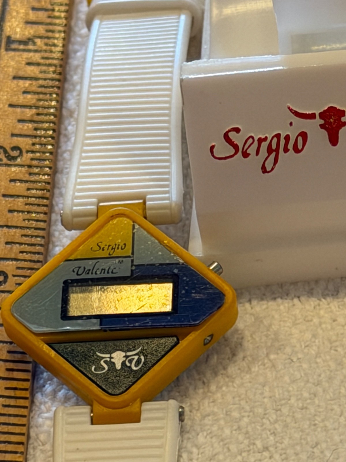 Vtg Novelty Sergio Valente Watch Space Tech White Yellow Watchband in Case