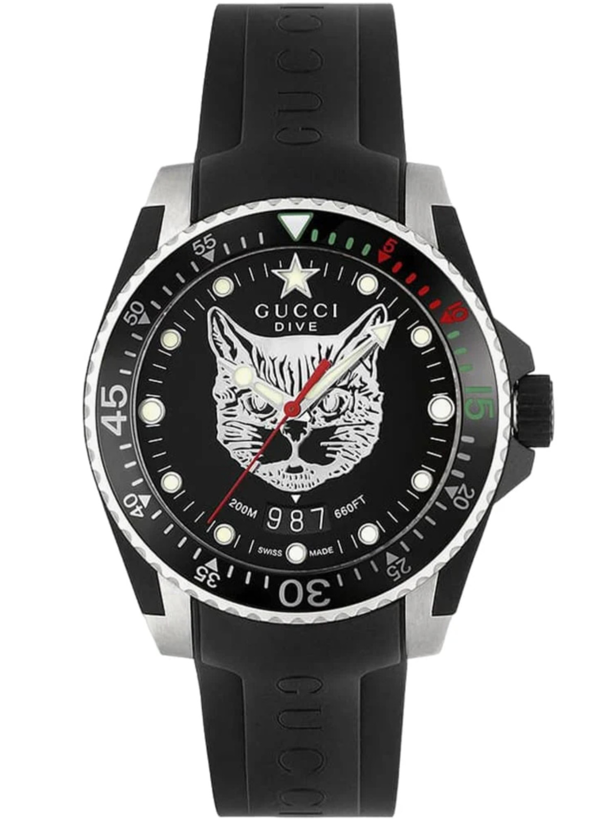 Gucci Dive Mystic Cat Black Rubber Strap Watch YA136320
