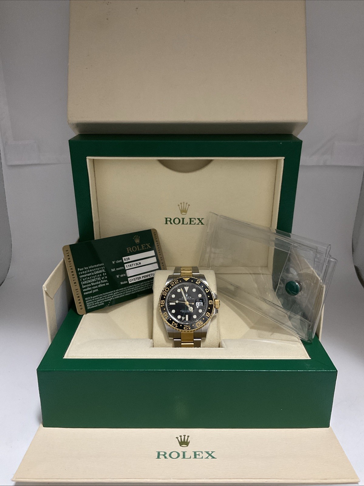ROLEX GMT-MASTER II T/T 18K Y.Gold & Steel Ceramic Bezel Black Dial Ref 116713LN