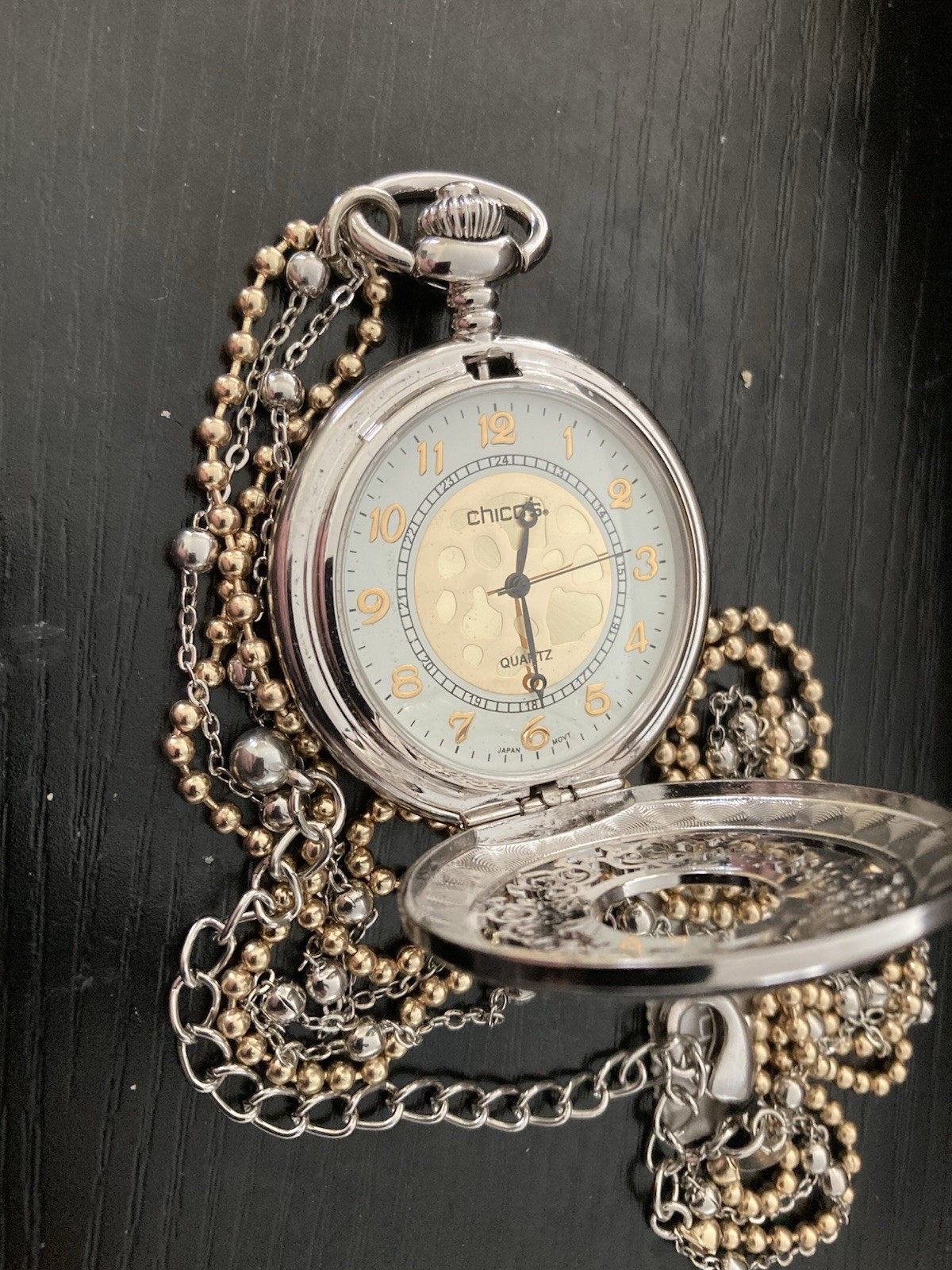 CHICOS “LITZY” Pocket Watch Necklace 21-25” Double Chain Gold & Silver NWT #19