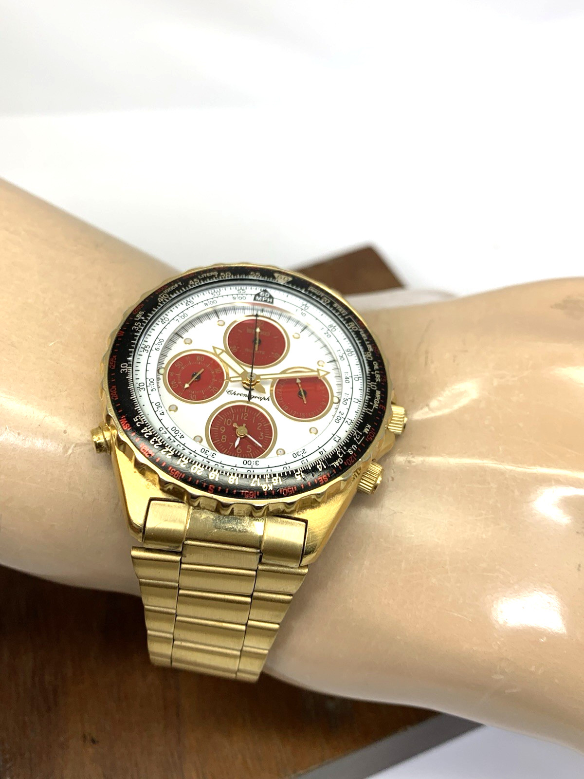 Seiko Flightmaster Mens Watch 7T34-6A0H Quartz White Red Vintage Gold Steel 40mm