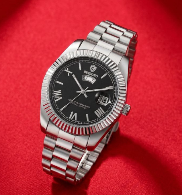 Men’s Business Black Dial Watch Stainless Silver Beveled Bezel Quartz Luminous