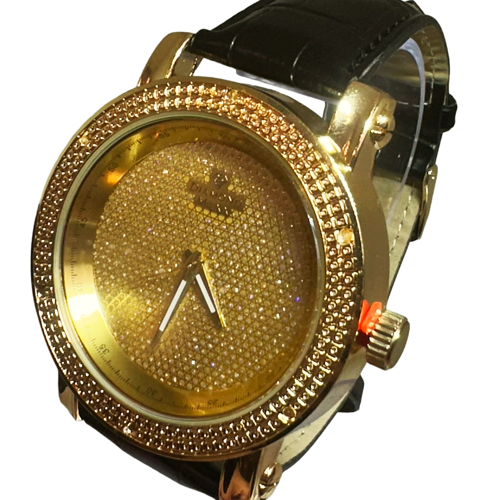 Luxury Gold Tone Men’s Diamond Watch, 18K Micron Finish ,Japan Movement Leather