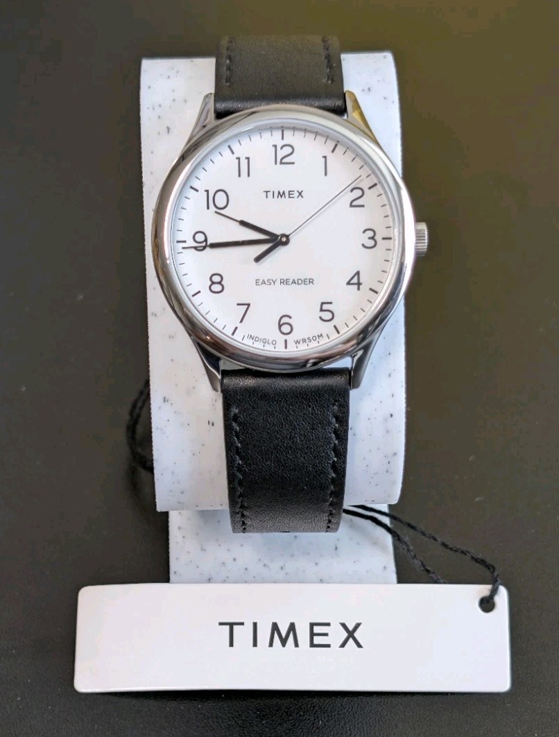Timex Easy Reader Gen 1 Quartz 40mm Watch – White Dial & Black Leather, Indiglo