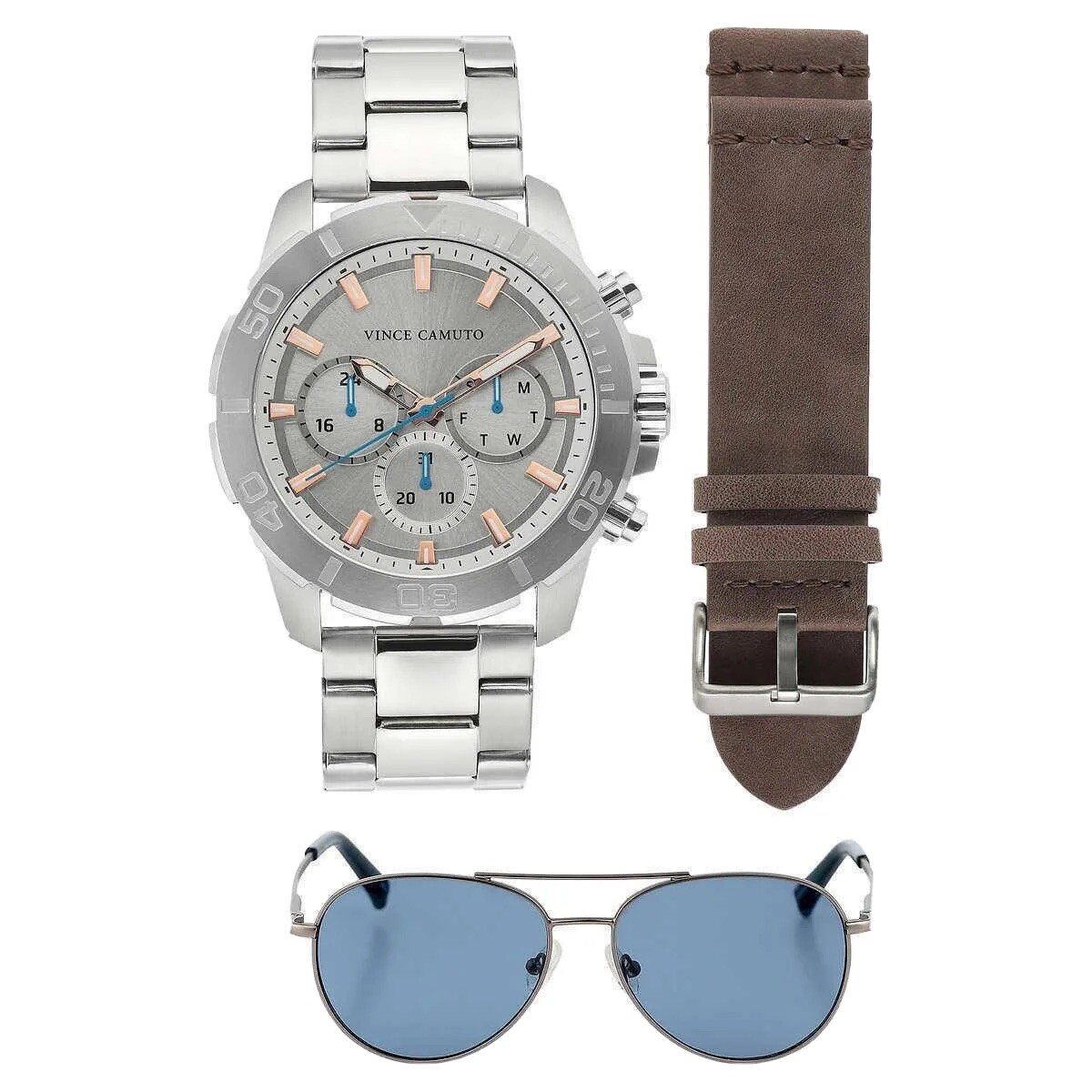 Vince Camuto Chronograph Stainless Steel Men’s Watch and Sunglasses Gift Set NEW