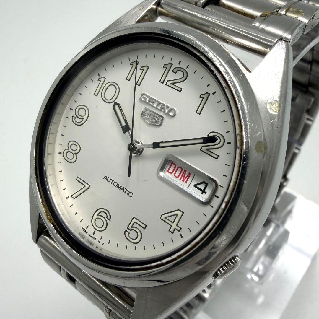 Seiko 5 7S26-3180 Mechanical Automatic Men Wristwatch White Dial Day Date Japan