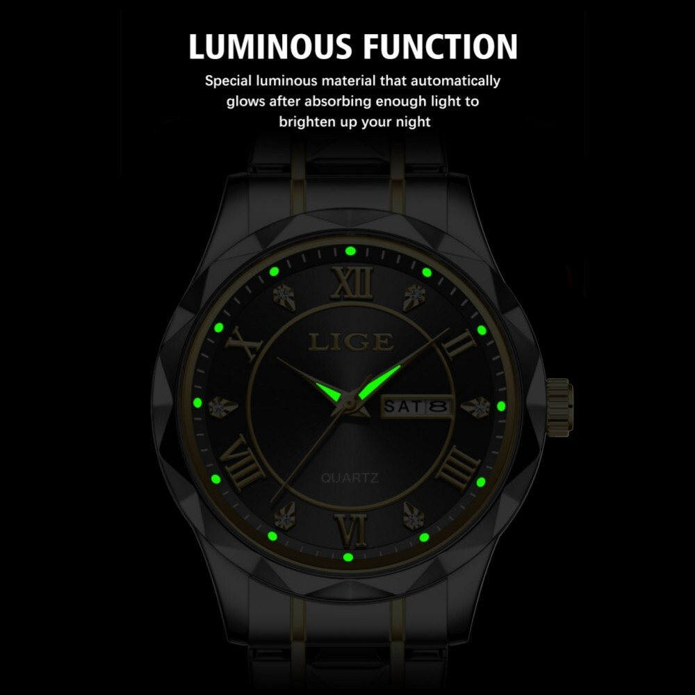 LIGE Men Watch Quartz Stainless Steel Luminous Date Green Dial Daily Wristwatch