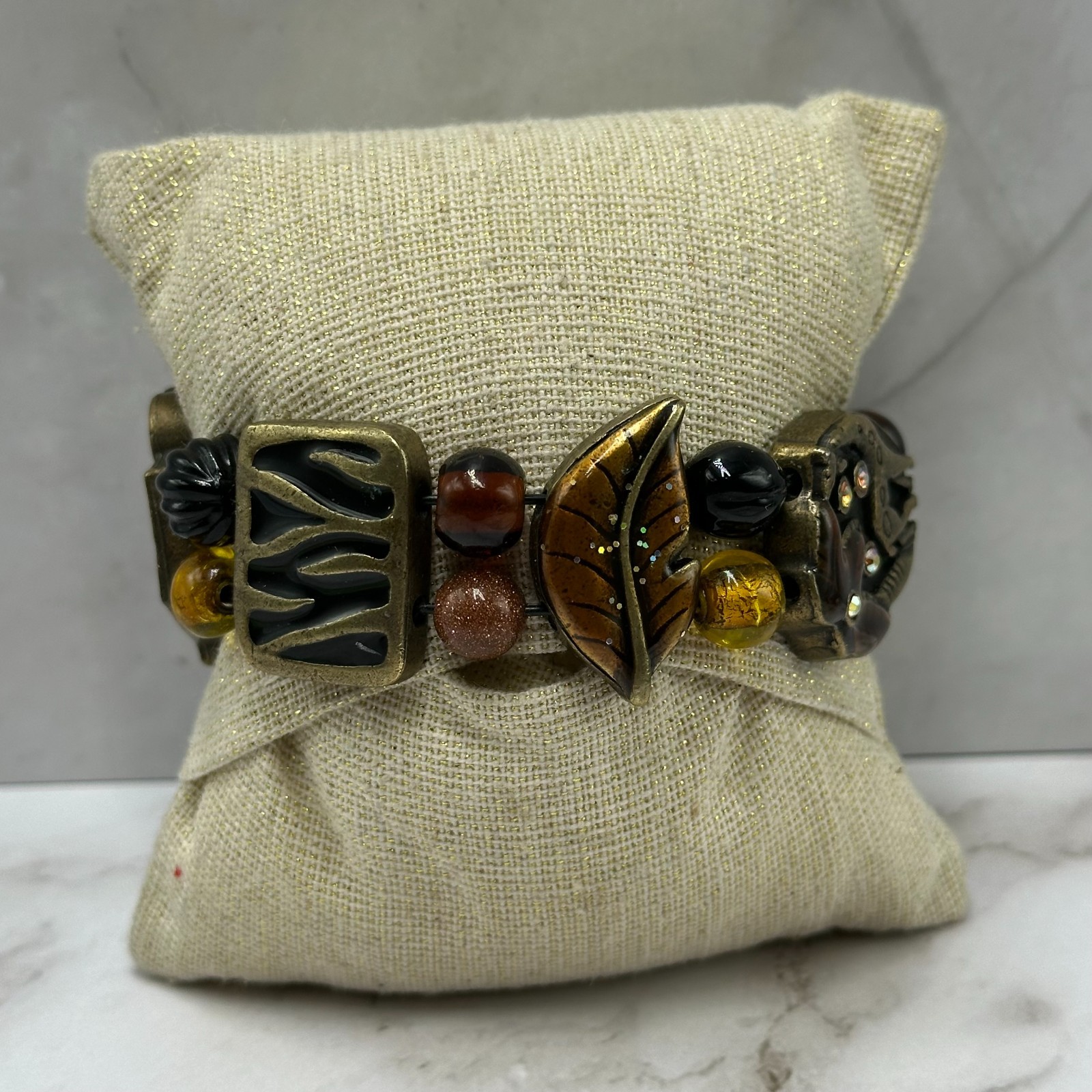 Chico’s Watch Women Bronze Tone Elephant Beaded Stretch Bracelet New Battery