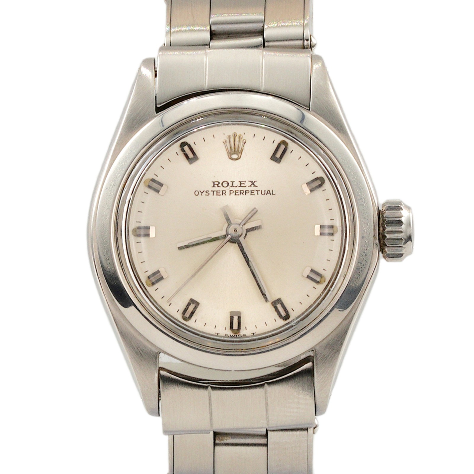 Ladies Rolex Stainless Steel Oyster Perpetual Watch Silver Dial Rivet Band 6618