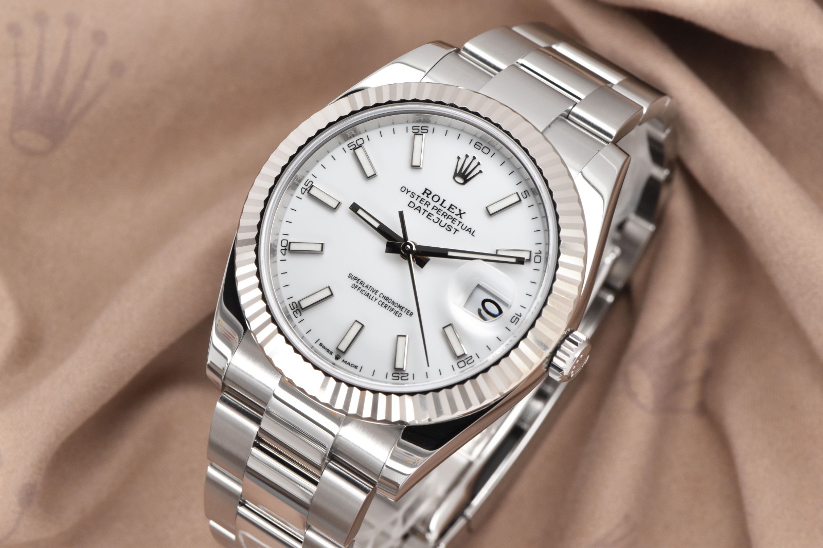 2021 Rolex Datejust 41 18K WG Fluted Steel Oyster White Stick Dial 126334 Card