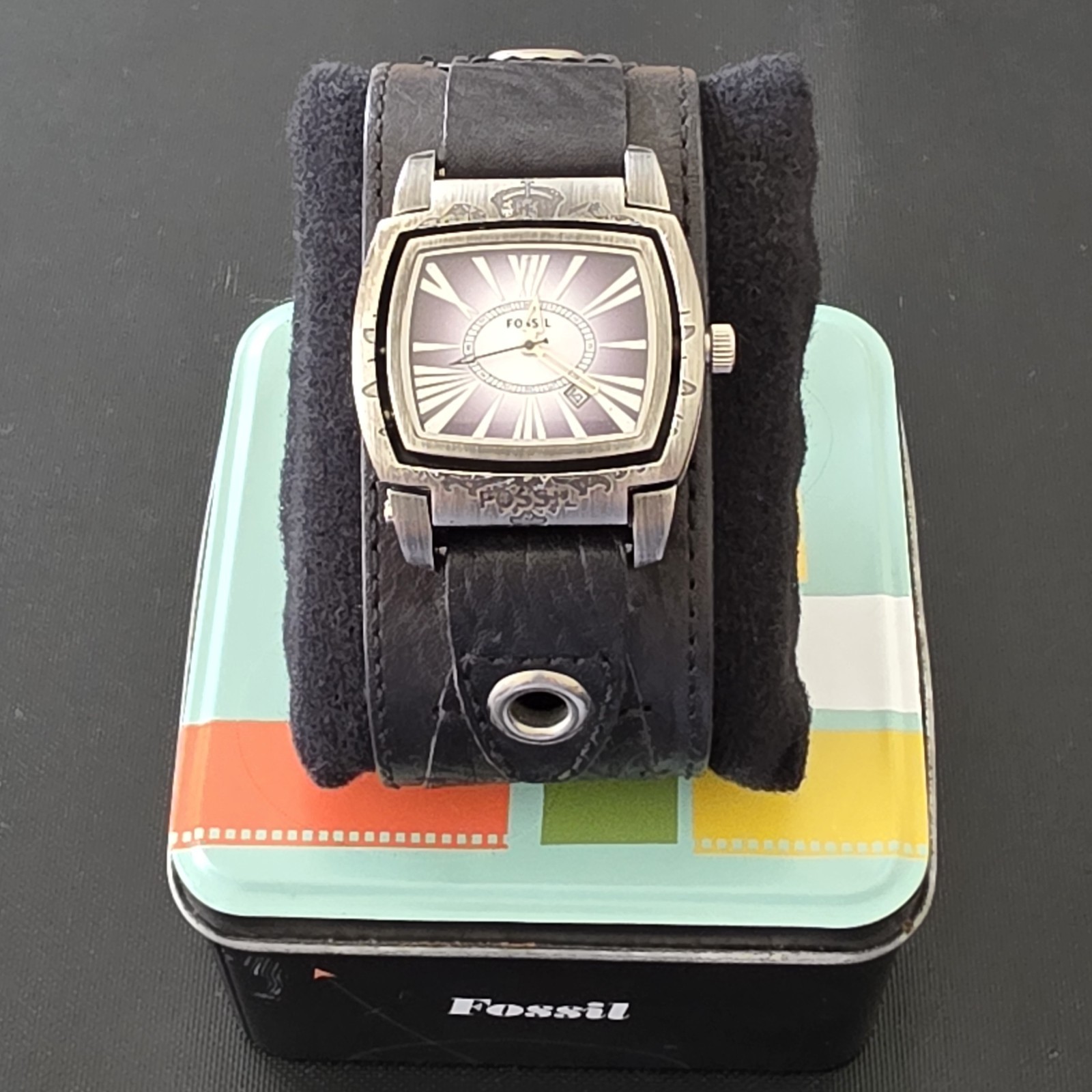 VTG Fossil JR 9413 Flip Black Wide Leather Cuff Strap Day Date 36mm Watch Runs