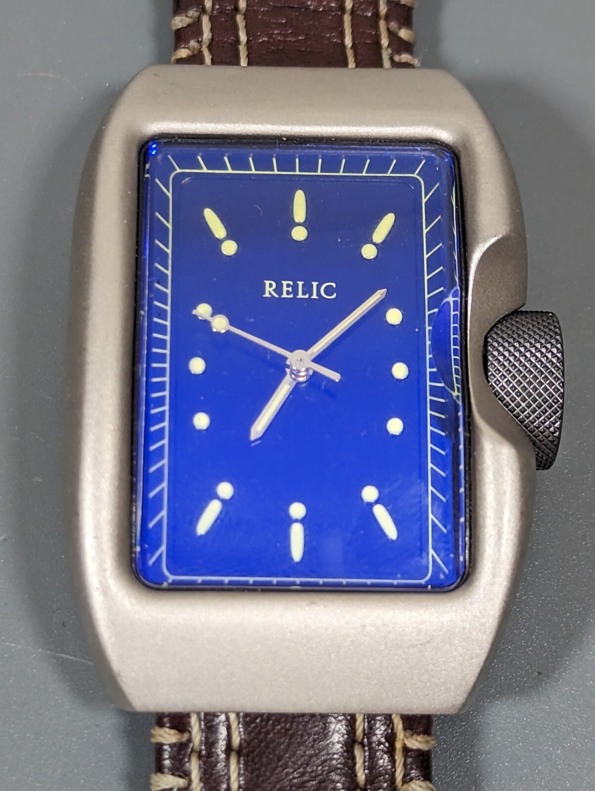 Relic Blue Dial Silver Tone Rectangle Case Brown Leather Band Watch