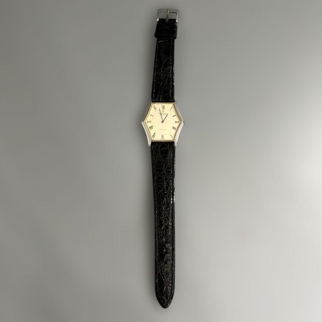 Sarcar Geneve Hexagon Watch Vintage Swiss Rare Ivory Dial Black Strap Retro Junk