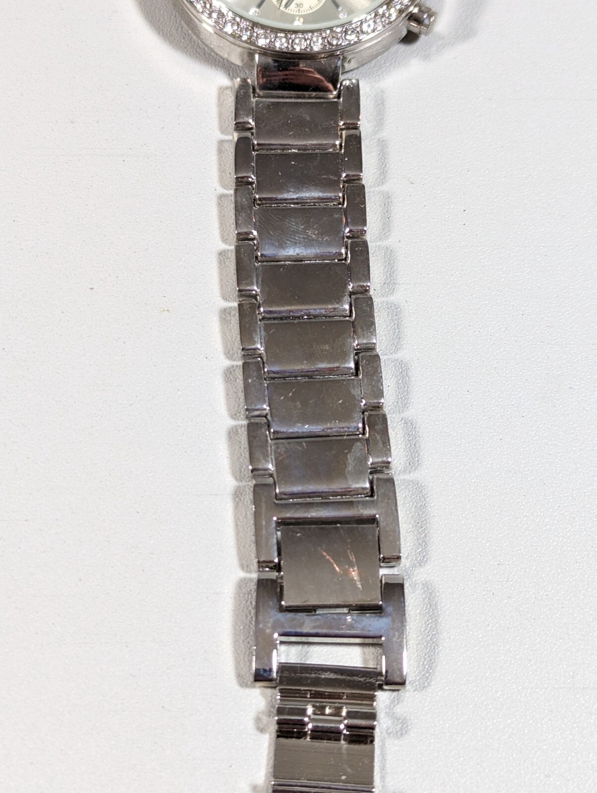 NYC Silver Tone Dial Crystal Accent Round Case Link Bracelet Band Watch 7.5 Inch