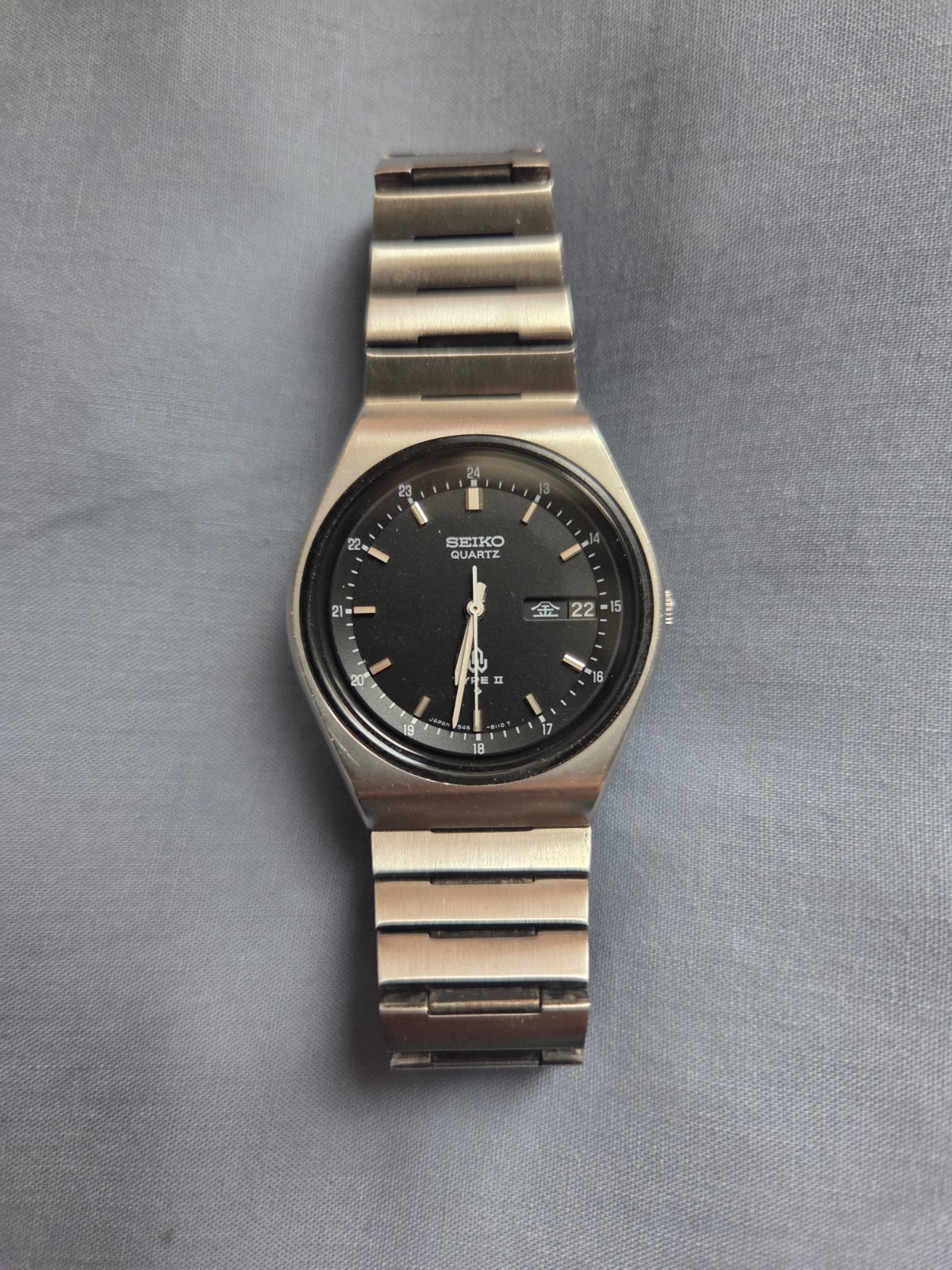 1977 Seiko Type II 7546-8090 Quartz Watch – Black Dial (English-Kanji Day/Date)