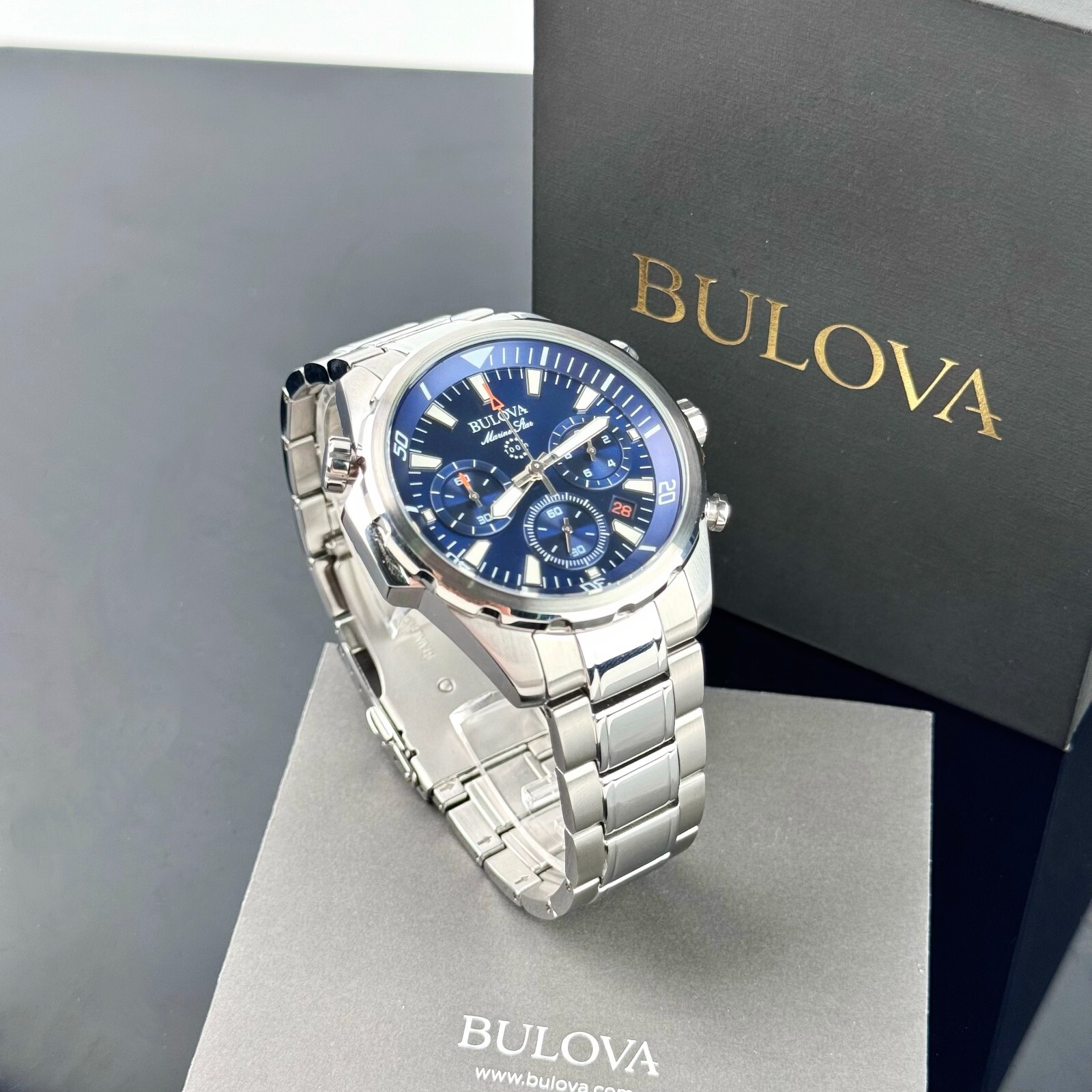 Bulova Marine Star Chronograph Blue Dial Stainless Steel Men’s Watch 43MM 96B256