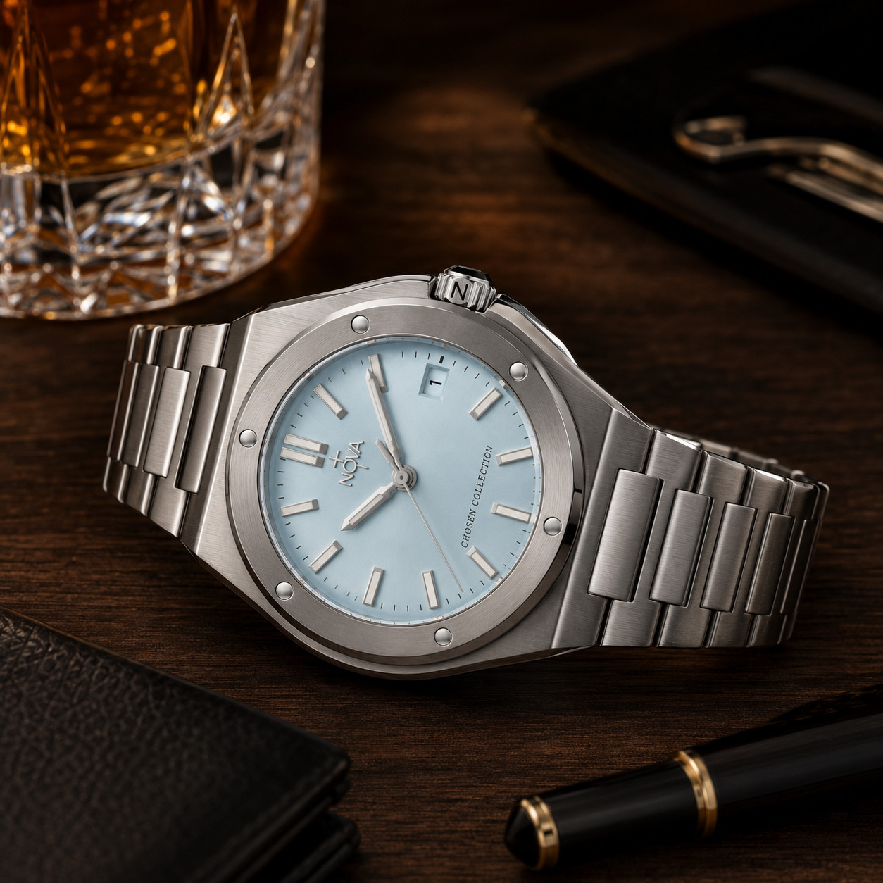 Nova Christian Chosen Custom Watch Ice Blue Dial Silver Tone Bracelet