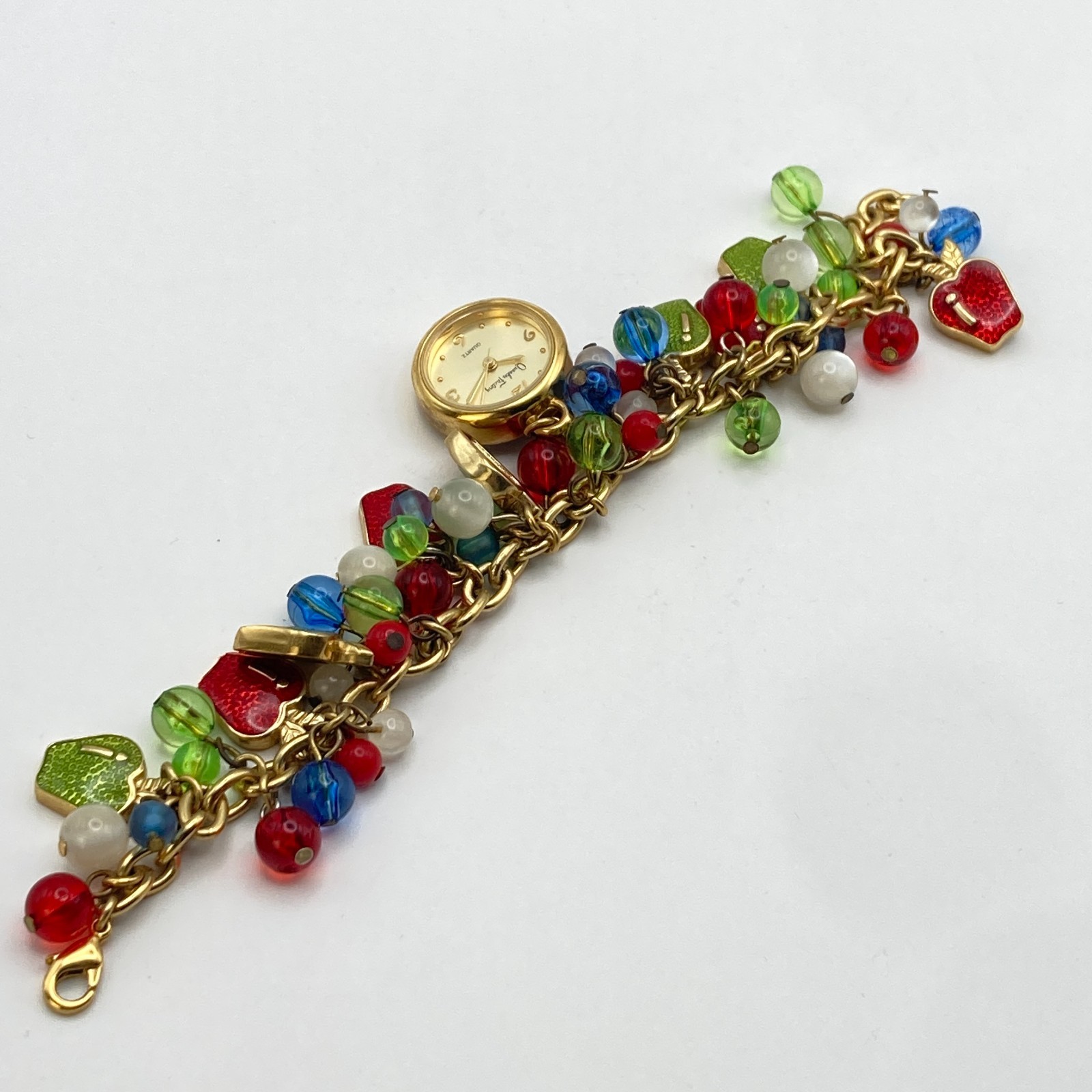 Quacker Factory Women’s Charm Bracelet Watch Gold Tone Teacher New Battery 7.25″