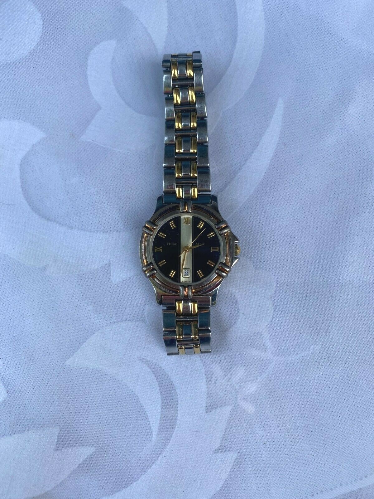 Vintage Women’s Hugo Max Silver Tone & 18KT Gold Plate Watch~Black & Silver Face