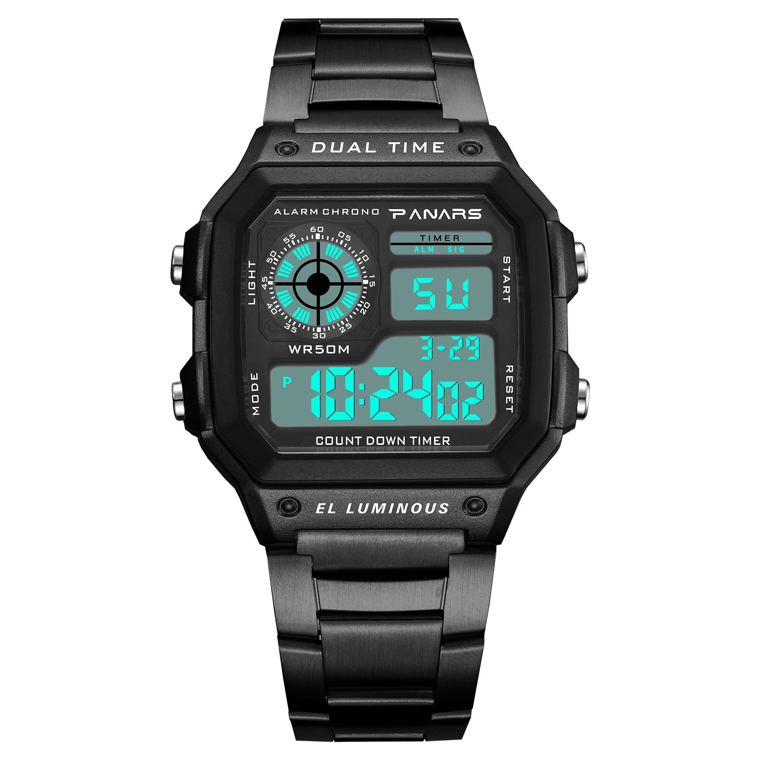 Classic Block Watch Fashion Sports Digital Watch LED Waterproof Metal Wristwatch
