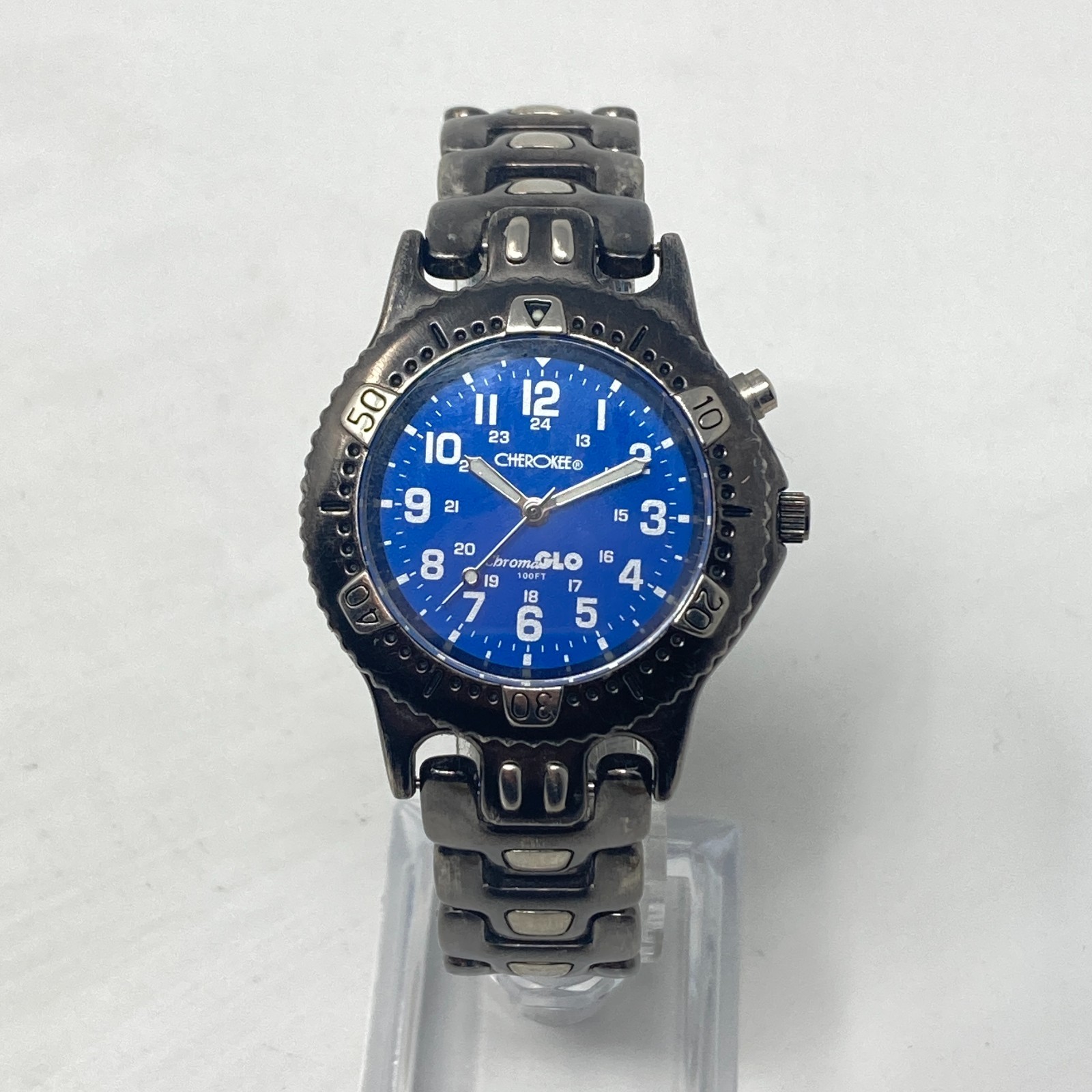 Cherokee Watch Men 37mm Gunmetal Gray Blue Dial ChromGlo 30M WR New Battery 8″