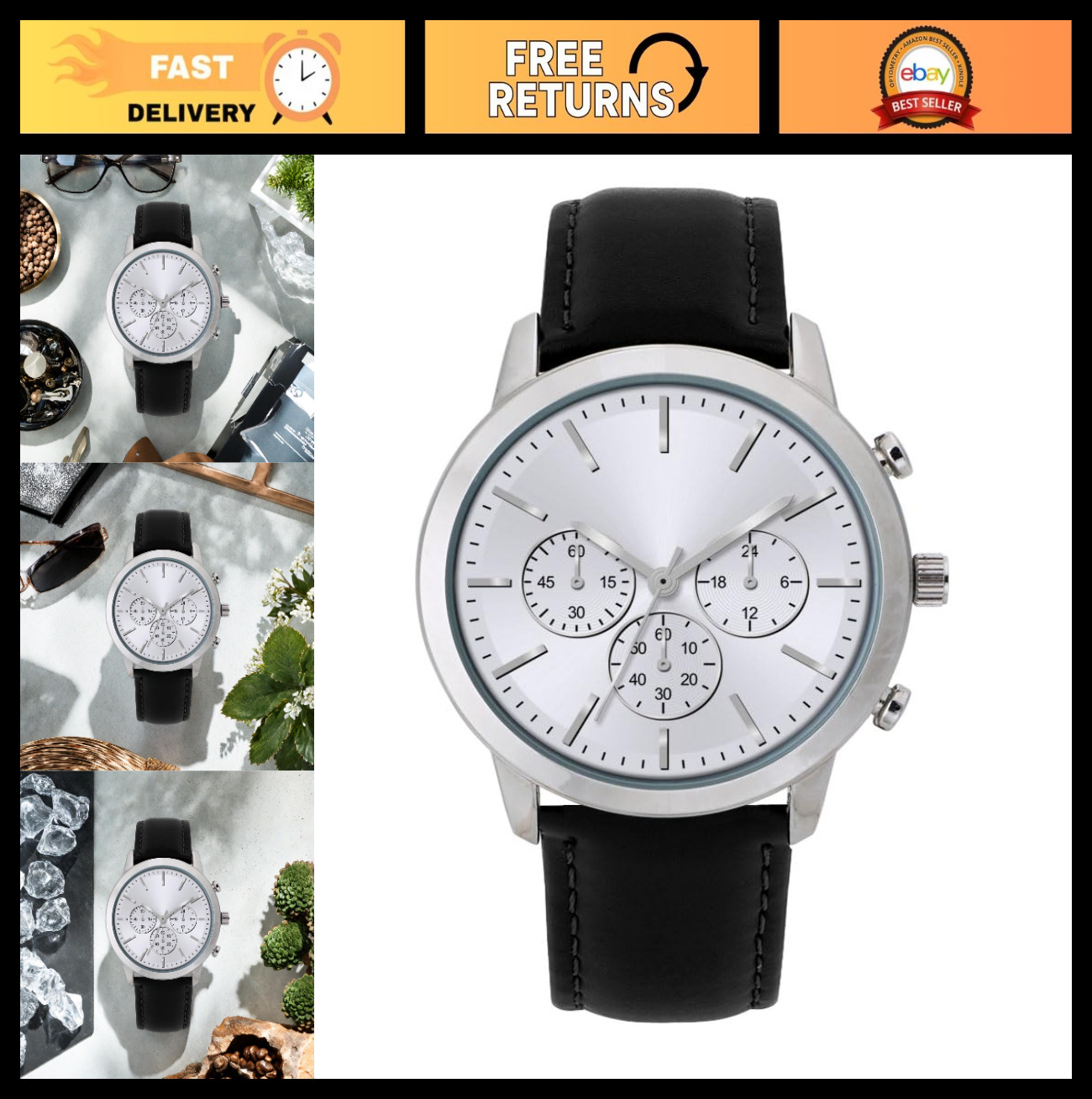 Men’s Rose Gold Case Watch, Black Leather Band, Large Black Dial, Easy Read